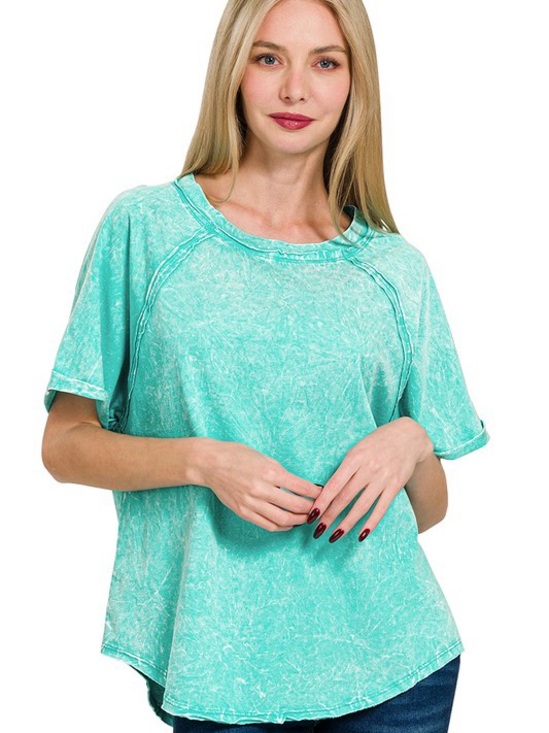 Zenana Tops - Mineral Washed Turquoise Short Sleeve Cotton T-shirt. Size M. NWOT.